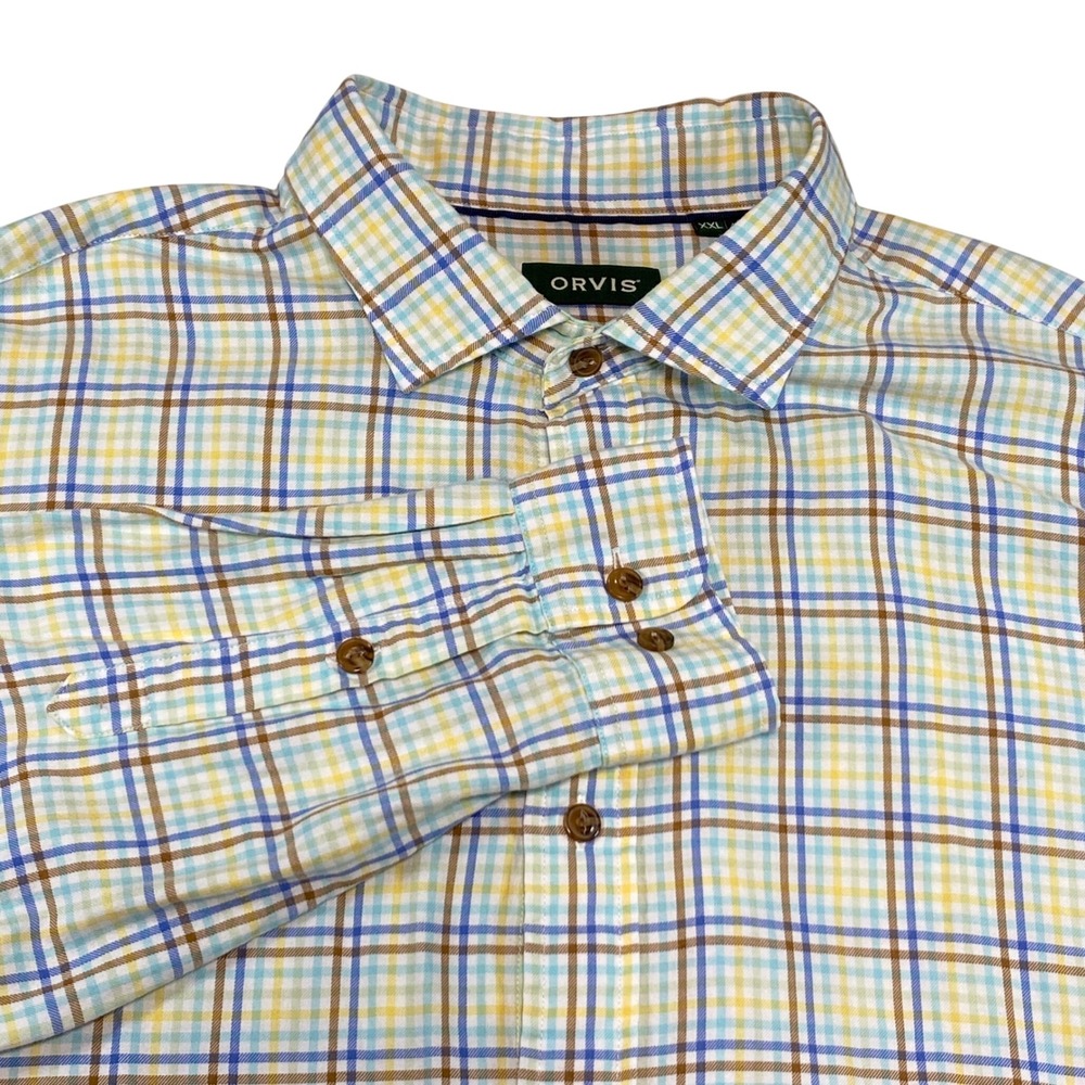 Orvis Mens XXL Plaid Button Down Shirt Active Fit Cotton Tencel Blue Yellow